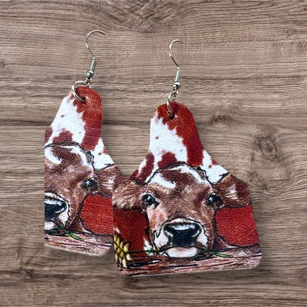 Leather Cow Tag Earrings - Picture 2 of 3